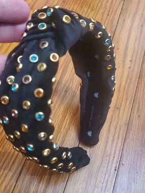 Rare Lele Sadoughi Black Knotted Headband with Gold Studs and Blue & Pink Gems